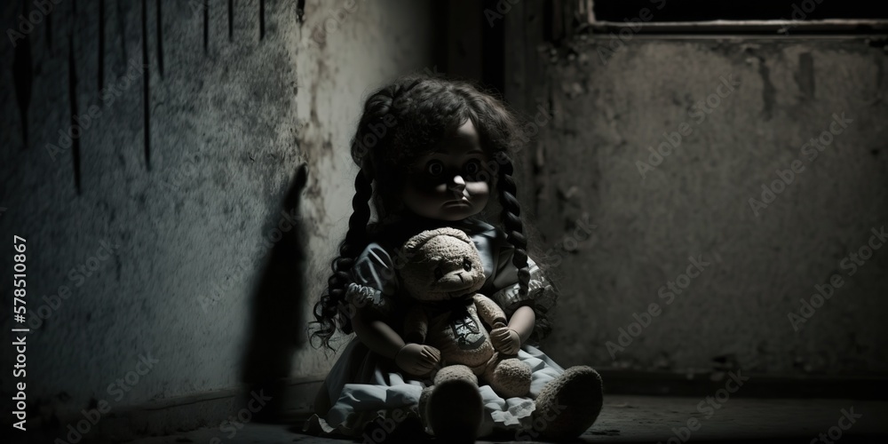 Wall mural creepy doll sitting in dark corner of dimly lit room, concept of Loneliness and Anxiety, created with Generative AI technology