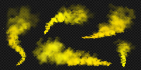 Realistic yellow colorful smoke clouds, mist effect. Colored fog on dark background. Vapor in air, steam flow. Vector illustration. © 32 pixels