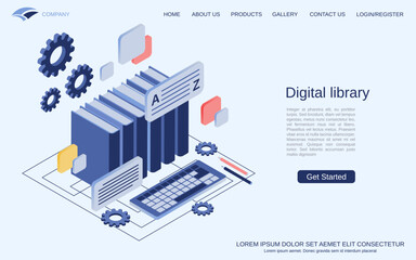 Digital library, online education, e-reading flat 3d isometric vector concept illustration