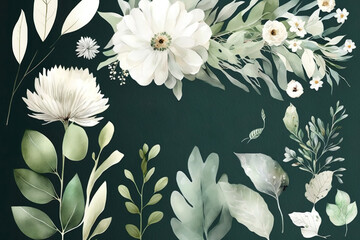 Ensemble florales. Fleurs blanches, feuilles vertes collection d'éléments individuels. Branches vertes, eucalyptus, camomille. AI générative