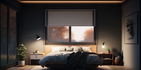 Bedroom with smart lighting and window shades automatically adjusting to time of day and weather conditions, concept of Automation, created with Generative AI technology