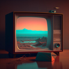 70s synthwave artistic screensaver on an old fashioned TV, created with generative ai tools