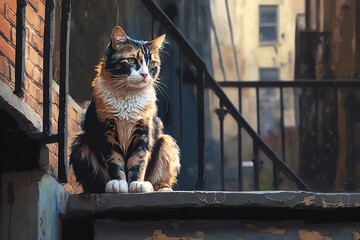Calico street cat sitting on fire escape, concept of Urban Exploration and Feline Companionship, created with Generative AI technology