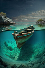Fototapeta na wymiar wooden rowing boat in the Caribbean, beautiful blue sea 