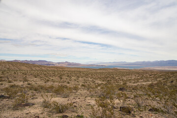 Desert landscape with mountain background and blue sky with white clouds