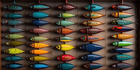 Array of custom made fishing lures each one unique and designed to attract specific types of fish, concept of Multiple Colors and Assorted Shapes, created with Generative AI technology - obrazy, fototapety, plakaty