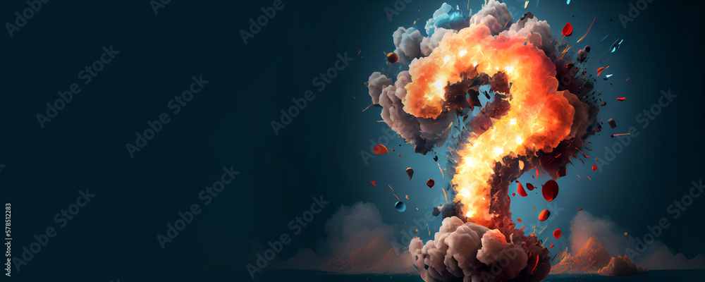 Poster explosive and on fire question mark, challenge and risk concepts. made with generative ai
