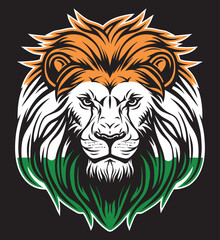 Lion head and indian flag front view eps vector art image illustration. Lion head and indian flag with mane hair logo design and sticker graphic.