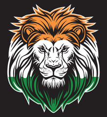 Fototapeta premium Lion head and indian flag front view eps vector art image illustration. Lion head and indian flag with mane hair logo design and sticker graphic.