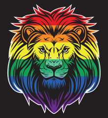 Lion head and rainbow lmbt flag front view eps vector art image illustration. Lion face and rainbow lmbtq flag with mane hair logo design and sticker graphic.