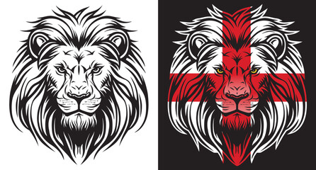 Lion face and english flag front view eps vector art image illustration. Lion face and england flag with mane hair logo design and sticker graphic. - Powered by Adobe
