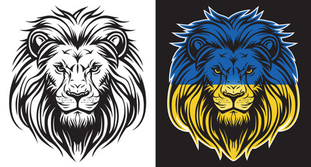 Lion face and ukrainian flag front view eps vector art image illustration. Lion head and ukraine blue and yellow flag with mane hair logo design and sticker graphic.