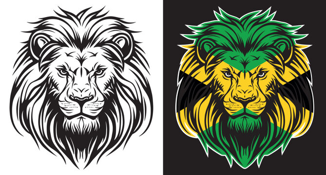 Lion head and jamaican flag front view eps vector art image illustration. Lion head and jamaican flag with mane hair logo design and sticker graphic.