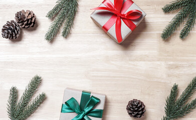 Christmas composition. Christmas gift, on wooden background. Flat lay, top view, copy space