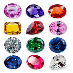 Jewel or gems isolated on white background, Collection of many different natural gemstones