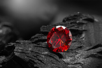 Red Ruby gemstone Round Cut on black coal background, close up shot