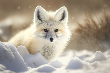 Obraz premium ZORRO BLANCO EN LA NIEVE. ILUSTRACION. COLOR. IA GENERATIVA. HORIZONTAL