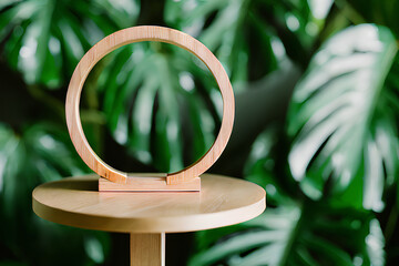 Unfilled timber frame for exhibiting products amidst a backdrop of tropical greenery. Generated via AI technology.