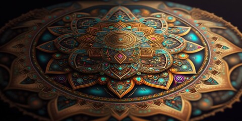  intricate and ornate mandala featuring detailed geometric patterns and vibrant colors, concept of Symmetry and Sacred Geometry, created with Generative AI technology
