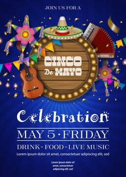 Cinco de Mayo poster with mexican symbols and wooden signboard. Cinco de Mayo flyer with musical instruments and star pinatas
