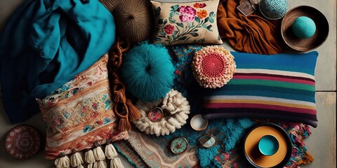 flatlay of variety of colored fabrics threads and yarns arranged in rainbow pattern, concept of Vivid Colors and Textile Art, created with Generative AI technology