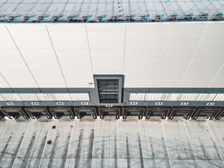 Close up aerial view of loading dock at the distribution center warehouse 