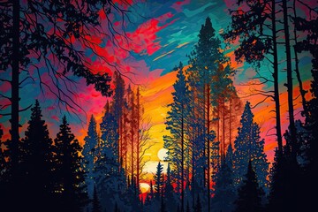 Creative Brilliance: A Vibrant Spring Sunset Over the Forest Generative AI