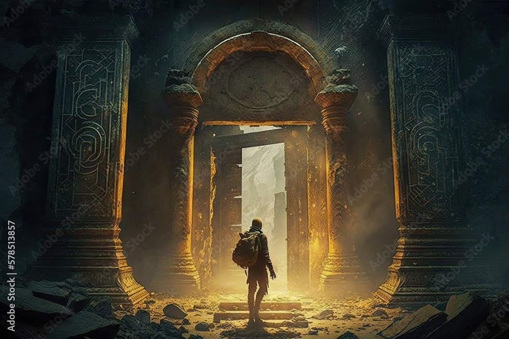Poster in search of lost knowledge: venturing through a mystical temple generative ai