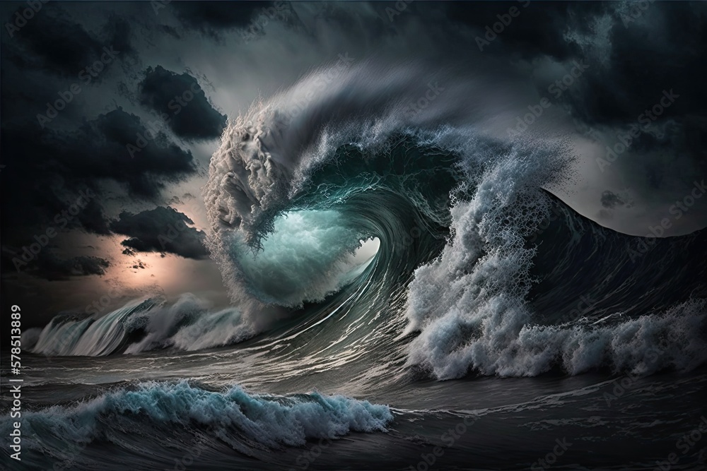 Poster menacing clouds and reckless waves generative ai