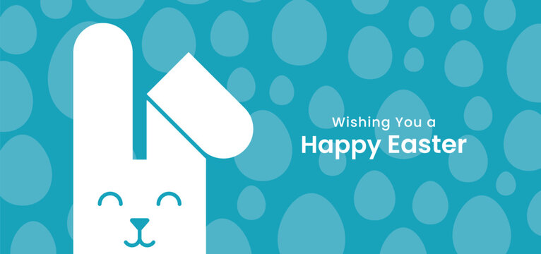 Happy Easter. Banner, poster, greeting card with typography, bunny, and eggs. Vector illustration.