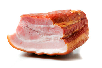 Traditional smoked pork ham on white background. Classic meat product ready to eat with layers of...