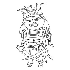Samurai pig mascot logo line art