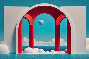 Obraz na płótnie Canvas Paysage marin surréaliste avec des arches rouges et des nuages blancs dans le ciel bleu. Fond abstrait minimal moderne avec des formes géométriques simples et de l'eau