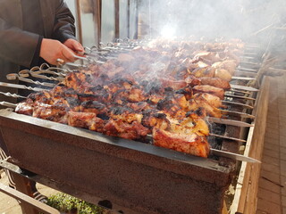 Meat skewers on a barbecue grill, close-up. Caucasian Russian shashlik on the brazier