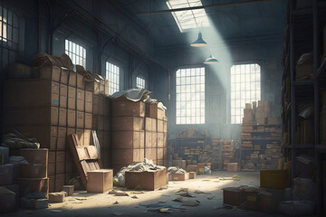 Warehouse of lost things, concept of Abandoned Objects and Forgotten Possessions, created with Generative AI technology