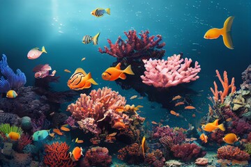 Fototapeta na wymiar Wonderful and beautiful underwater world with corals and tropical fish. 3d render, Raster illustration. Generative AI