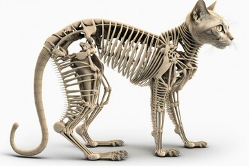Realistic render of cat skeleton with real cat head isolated on white background