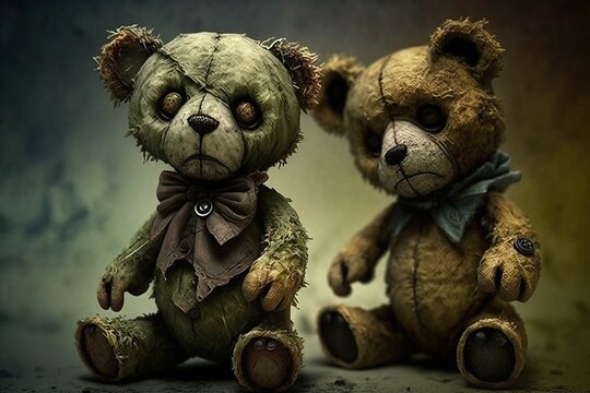 Zombie teddy bears, concept of Horror and Undead, created with Generative AI technology