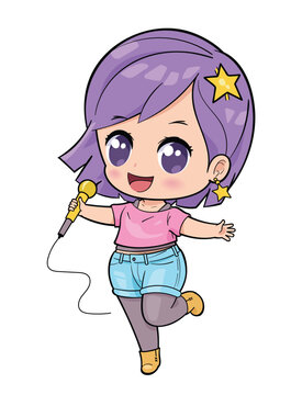 Cute chibi girl singing and dancing, kawaii cartoon character illustration.
