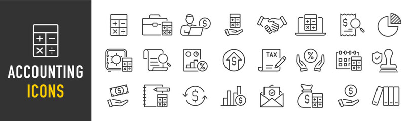 Accounting web icon in line style. Assessment, calculator, check mark, auditing, inspection, investment, calculation, analytics, collection. Vector illustration.