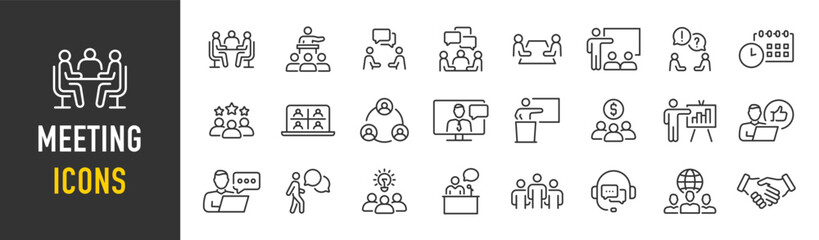 Meeting web icon set in line style. Conference, team, brainstorm, seminar, interview, collection. Vector illustration. - obrazy, fototapety, plakaty