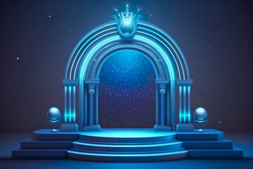 Scène futuriste avec néon et décorations. Vitrine festive avec arc lumineux et piédestal, isolé sur fond bleu