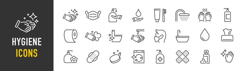 Hygiene web icon set in line style. Cleaning, washing hands, shower, seminar, soap, respiratory mask, antiseptic, clean, collection. Vector illustration.