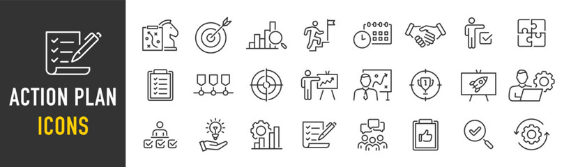 Action plan web icon set in line style. Schedule, plan, implementation, strategy, analysis, collaboration, check, collection. Vector illustration. - obrazy, fototapety, plakaty