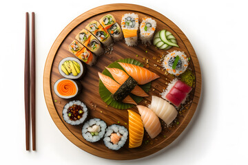 Japanese seafood sushi and maki on wooden plate Top view, White isolated background. Generative AI