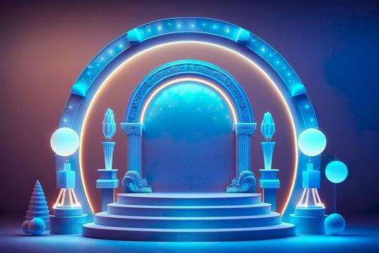 Sc&egrave;ne futuriste avec n&eacute;on et d&eacute;corations. Vitrine festive avec arc lumineux et pi&eacute;destal, isol&eacute; sur fond bleu