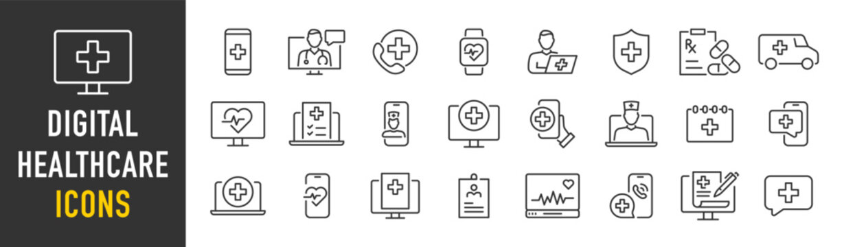 Digital Healthcare web icon set in line style. Online consultation, medical app, results, doctor appointment, health, lifestyle, collection. Vector illustration.