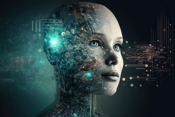 Obraz premium Female digital face, realistic 3d render of human robot. Generative AI. 