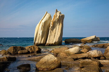 Photograph in the field of sail rocks in Foca district of Izmir province. Turkish name; Yelken Kaya or yelkenkaya