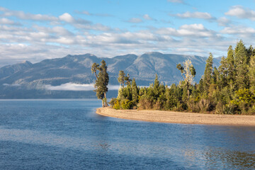 Lake Brunner (Moana) with Arnold River outlet and Hohonu mountain range, West Coast, South Island, New Zealand